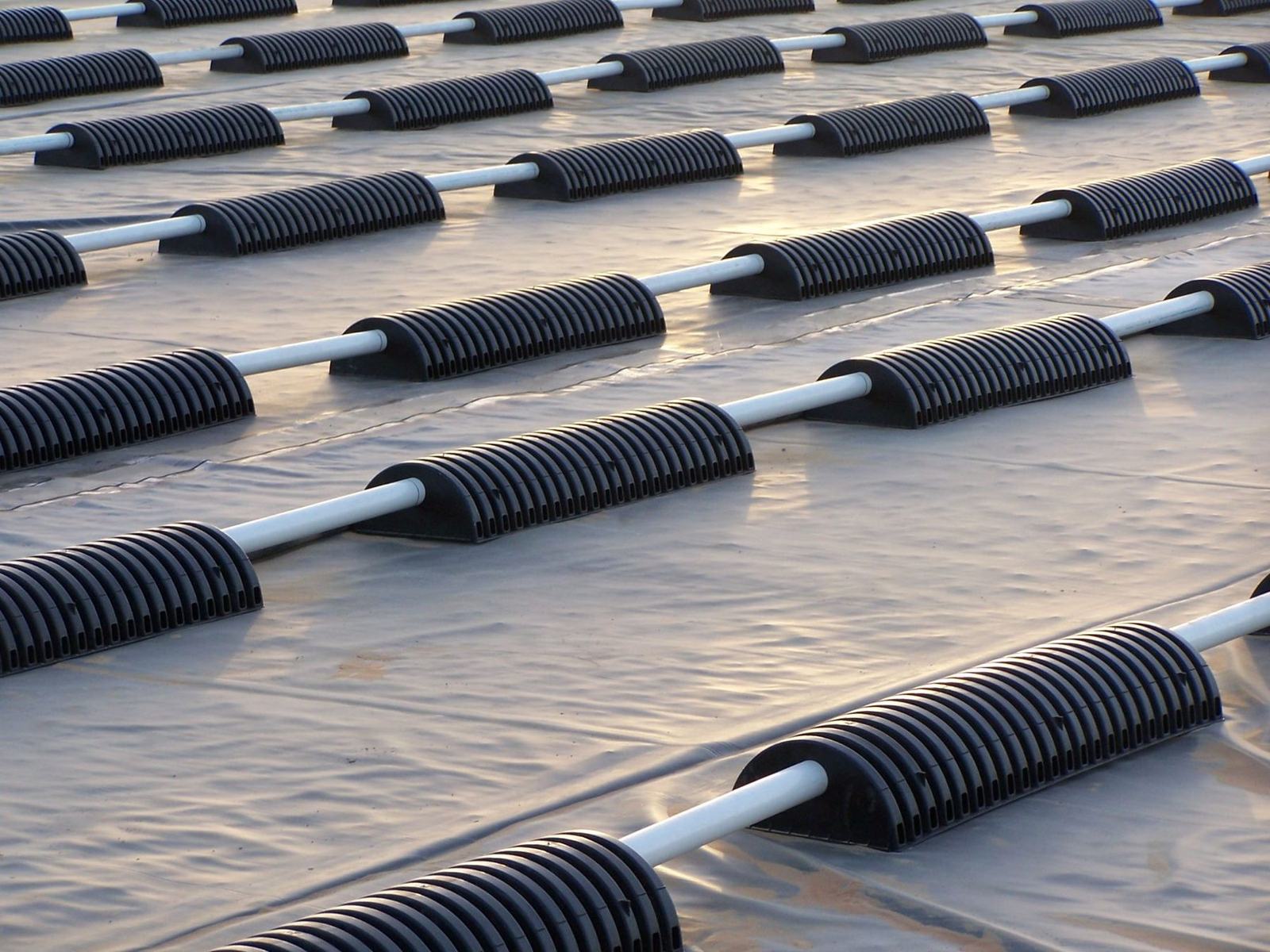 EPIC chambers laid in rows on the liner at golden hour, before the gravel and sand go in
