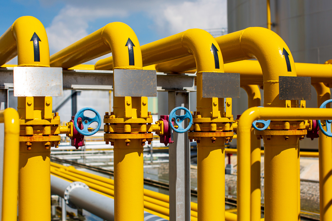 Pipe line yellow oil and gas valves at gas plant pressure safety